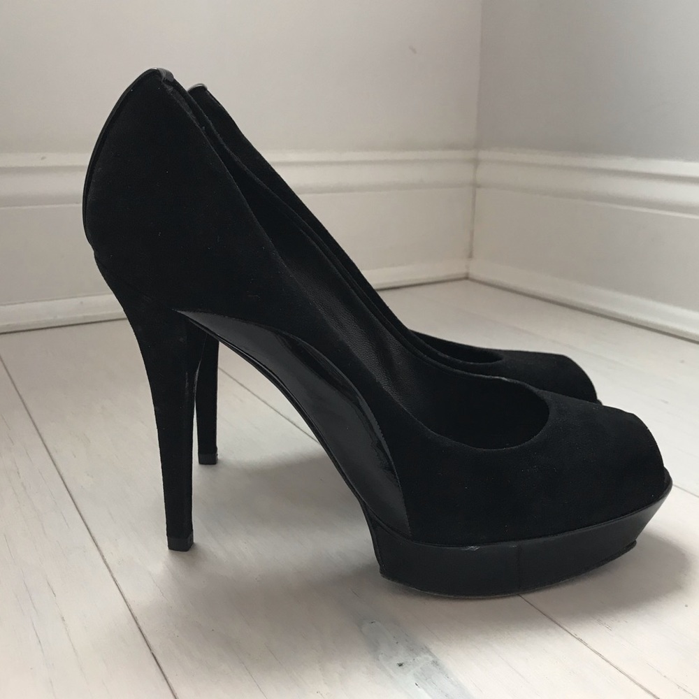 Stuart Weitzman Suede & Patent Peep Toe Heels - image 3